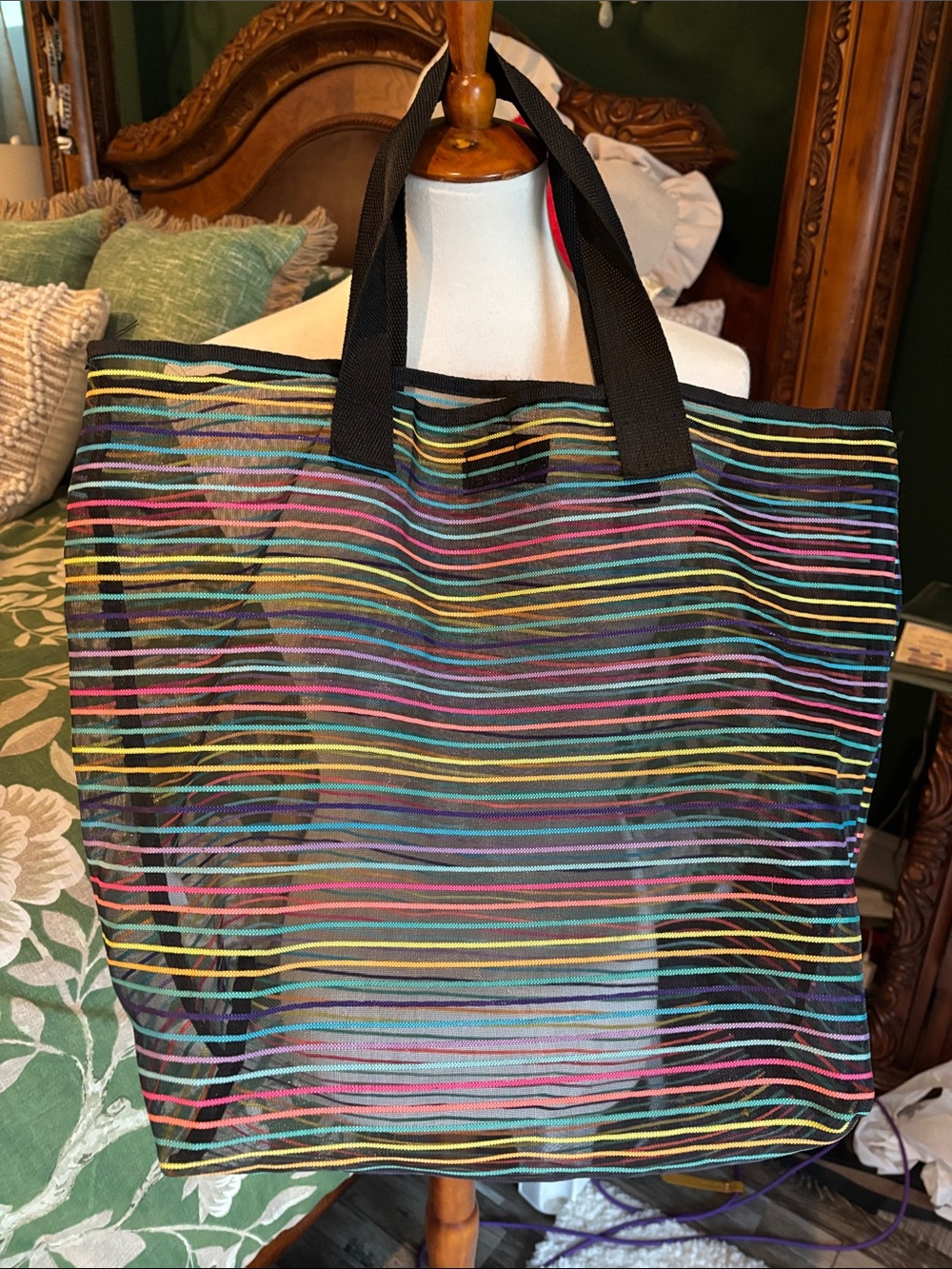 Striped Multi-Color Mesh Tote Bag with Black Handles